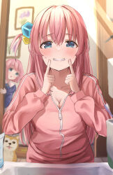 Rule 34 | 2girls, :o, absurdres, aqua eyes, bathroom, blurry, blurry background, blurry foreground, blush, bocchi the rock!, breasts, cleavage, clenched teeth, collarbone, commentary request, cube hair ornament, dog, fingers to cheeks, forced smile, gotoh futari, gotoh hitori, hair between eyes, hair ornament, hair over eyes, highres, index finger raised, indoors, jacket, jimihen, kirinagi35, large breasts, long bangs, long hair, long sleeves, looking at viewer, medium hair, multiple girls, one side up, open mouth, pants, partially unzipped, pink hair, pink jacket, pink pants, reflection, revision, shiba inu, siblings, sisters, smile, solo focus, sweatdrop, teeth, tile floor, tiles, tongue, tongue out, toothbrush, toothpaste, track jacket, track pants, wooden floor, zipper