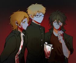 Rule 34 | 3boys, atou haruki, bandaid, bandaid on face, bandaid on nose, black jacket, blonde hair, blood, blood on clothes, blood on face, blood on hands, brown hair, chinese commentary, closed mouth, collared shirt, commentary request, film grain, gakuran, glasses, gradient background, hair between eyes, highres, holding, isoi reiji, jacket, juice box, light brown hair, long sleeves, male focus, multiple boys, open clothes, open jacket, rectangular eyewear, red eyes, red shirt, saibou shinkyoku, school uniform, shinano eiji, shirt, short hair, simple background, sleeves rolled up, smile, white shirt, yiyan