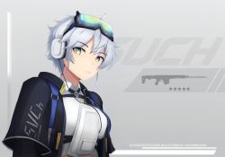 Rule 34 | 1girl, black jacket, breasts, character name, eyewear on head, girls&#039; frontline, headphones, highres, jacket, looking at viewer, medium hair, multicolored eyes, podel 1, russian commentary, russian text, shirt, silver hair, simple background, solo, svch (girls&#039; frontline), white shirt