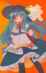 Rule 34 | 1girl, :d (17812157), aqua hair, black hat, blue hair, collared shirt, frills, hat, highres, hinanawi tenshi, long hair, looking at viewer, orange background, pink eyes, puffy short sleeves, puffy sleeves, rainbow order, red neckwear, shirt, short sleeves, simple background, solo, thighhighs, touhou