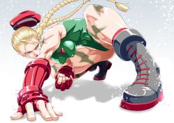 Rule 34 | 1girl, ahoge, arm support, ass, bad id, bad twitter id, bare legs, beret, black legwear, blonde hair, boots, braid, breasts, cameltoe, cammy white, capcom, cleft of venus, covered erect nipples, green leotard, hat, highleg, highleg leotard, highres, ikumo taisuke, leotard, lips, long hair, looking at viewer, open mouth, red hat, serious, shiny clothes, shiny skin, simple background, sitting, solo, squatting, street fighter, street fighter ii (series), thighs, thong leotard, twin braids, very long hair, wariza, wide hips