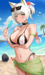 Rule 34 | 1other, 2girls, absurdres, alternate hairstyle, animal ear fluff, animal ears, arknights, arm strap, arm under breasts, ass, bagpipe (arknights), bare shoulders, beach, bikini, black bikini, black choker, blush, breast hold, breasts, buried, cat ears, choker, cleavage, closed mouth, collarbone, cowboy shot, crab, doctor (arknights), eyewear on head, flower, food, giving up the ghost, green eyes, hair flower, hair ornament, highres, holding, holding food, innertube, jewelry, jixo (user nzhc8728), kal&#039;tsit (arknights), large breasts, layered bikini, long hair, looking at viewer, mask, multiple girls, navel, necklace, ocean, orange hair, popsicle, red flower, seashell, shell, short hair, short ponytail, stomach, sunglasses, swim ring, swimsuit, v-shaped eyebrows, very long hair, water, white bikini, white flower