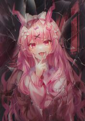 Rule 34 | 1girl, absurdres, bare shoulders, blood, blood on clothes, blush, bow, crack, cracked glass, cross hair ornament, dark room, fang, hair bow, hair ornament, hair over shoulder, hairclip, highres, indoors, jacket, long hair, long sleeves, looking at viewer, mirage (rairudiseu), off shoulder, open mouth, original, pink bow, pink hair, pink jacket, purple bow, shirt, sidelocks, solo, tongue, turtleneck, upper body, v, white shirt