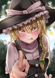 Rule 34 | 1girl, :p, absurdres, black hat, black vest, blonde hair, blush, bow, breasts, day, hair between eyes, hat, hat bow, highres, kirisame marisa, large hat, leaning forward, long hair, looking at viewer, mahoro (minase mahoro), outdoors, pointing, pointing at viewer, shirt, short sleeves, small breasts, solo, star (symbol), tongue, tongue out, touhou, upper body, vest, white bow, white shirt, witch hat, yellow eyes