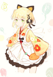Rule 34 | 1girl, absurdres, animal ears, apron, black bow, black skirt, blonde hair, blush, bow, brown kimono, closed mouth, cropped legs, floral print, flower, frilled apron, frills, green eyes, hair between eyes, hair bow, hair ornament, highres, japanese clothes, kimono, leilin, long sleeves, looking at viewer, one side up, original, print kimono, revision, short hair, skirt, sleeves past wrists, solo, white apron, white flower, wide sleeves, x hair ornament