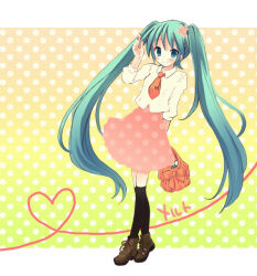 Rule 34 | 1girl, alternate costume, aqua hair, arm behind back, bag, black thighhighs, blush, bow, casual, closed mouth, cropped jacket, dress, flower, full body, hair flower, hair ornament, hand up, harmonia, hatsune miku, heart, heart of string, holding, holding bag, holding hair, long hair, looking at viewer, necktie, orange bow, orange necktie, over-kneehighs, polka dot, polka dot background, shoes, short necktie, sleeves past elbows, smile, solo, thighhighs, twintails, vocaloid, walking