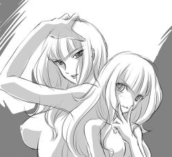 Rule 34 | 10s, 2girls, aged down, breasts, dual persona, greyscale, gundam, gundam build fighters, gundam build fighters try, hand on own head, kita kazuki, lady (gundam bf), lady kawaguchi, large breasts, lips, long hair, monochrome, multiple girls, nipples, parted lips, sketch, smile, time paradox, v