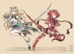 Rule 34 | 2girls, adapted costume, blonde hair, breasts, cidate, cleavage, closed eyes, geta, headband, holding, holding sword, holding weapon, japanese clothes, katana, kimono, large breasts, long hair, multiple girls, mythra (xenoblade), nintendo, no mouth, ookami (game), parody, pyra (xenoblade), red hair, short hair, short kimono, style parody, sword, tengu-geta, thighhighs, weapon, white kimono, xenoblade chronicles (series), xenoblade chronicles 2, xenoblade chronicles (series), xenoblade chronicles 2