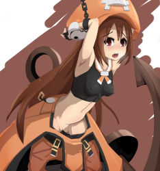 Rule 34 | 1girl, aftersex, anchor, armpits, arms up, bdsm, blush, bondage, bound, breasts, brown eyes, brown hair, chain, clothes pull, covered erect nipples, cum, cum in pussy, fingerless gloves, gloves, guilty gear, guilty gear xrd, hat, highres, impossible clothes, infraton, long hair, may (guilty gear), midriff, open mouth, orange hat, overalls, pants, pants pull, pirate, pirate hat, pussy, pussy juice, restrained, saliva, small breasts, solo, tongue, tongue out, very long hair