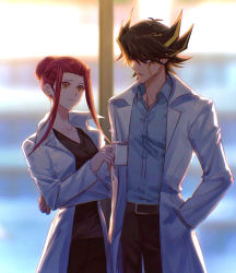 Rule 34 | 1boy, 1girl, absurdres, belt buckle, black hair, black pants, black shirt, blonde hair, blue eyes, blue shirt, blurry, blurry background, brown eyes, buckle, coffee mug, collarbone, collared shirt, crossed arms, cup, dress shirt, eye contact, fudo yusei, hand in pocket, highres, holding, holding cup, izayoi aki, lab coat, looking at another, mug, multicolored hair, naoki (2rzmcaizerails6), pants, red hair, shirt, short hair with long locks, sidelocks, spiked hair, two-tone hair, wing collar, yu-gi-oh!, yu-gi-oh! 5d&#039;s
