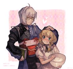 Rule 34 | 1boy, 1girl, ^^^, ahoge, bad id, bad pixiv id, blonde hair, blush, book, bow, braid, cooking, cowboy shot, dated, embarrassed, glasses, hair between eyes, hand on another&#039;s head, headpat, kirisame marisa, long sleeves, mochacot, morichika rinnosuke, outline, outside border, pink background, single braid, smile, standing, touhou, wavy mouth, white hair, white outline