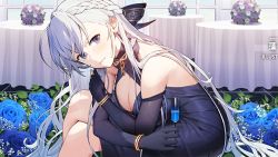 Rule 34 | 1girl, alcohol, alternate costume, artist request, azur lane, bare shoulders, belfast (azur lane), belfast (the noble attendant) (azur lane), blush, bracelet, braid, breasts, chain, cleavage, crossed legs, cup, dress, elbow gloves, french braid, game cg, gloves, hair ribbon, halter dress, halterneck, holding, holding cup, jewelry, large breasts, long hair, looking at viewer, non-web source, official art, purple eyes, ribbon, silver hair, sitting, smile, solo