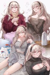 Rule 34 | 1girl, absurdres, black hairband, breasts, character doll, cleavage, cleavage cutout, clothing cutout, corrin (female) (fire emblem), corrin (fire emblem), fire emblem, fire emblem fates, hair between eyes, hairband, highres, holding, holding stuffed toy, large breasts, lilith (fire emblem), long hair, looking at viewer, multiple views, nintendo, off-shoulder sweater, off shoulder, pajamas, pointy ears, red eyes, skirt, smile, sobasakuhin, solo, stuffed animal, stuffed toy, sweater, tank top, teddy bear, turtleneck, turtleneck sweater, white hair