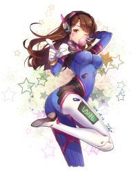 Rule 34 | 10s, 1girl, 2016, acronym, arm behind head, arm up, armor, artist name, ass, bodysuit, boots, bracer, breasts, brown eyes, brown hair, blowing bubbles, chewing gum, cowboy shot, d.va (overwatch), dated, facepaint, facial mark, flat ass, from side, gloves, hand up, headphones, ika (4801055), leg up, long hair, long sleeves, medium breasts, one eye closed, overwatch, overwatch 1, pauldrons, pilot suit, ribbed bodysuit, shoulder armor, shoulder pads, signature, skin tight, solo, standing, standing on one leg, star (symbol), starry background, thigh boots, thigh strap, thighhighs, turtleneck, whisker markings, white footwear, white gloves