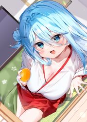 Rule 34 | 1girl, :d, blue eyes, blue hair, blush, braid, breasts, chihiro (khorosho), cleavage, dutch angle, food, fruit, hair between eyes, hair bun, hair ornament, hairclip, holding, holding food, holding fruit, indoors, japanese clothes, kimono, kotatsu, large breasts, long hair, long sleeves, looking at viewer, lying, on side, open mouth, original, red skirt, single side bun, skirt, smile, solo, table, translation request, white kimono