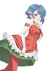 Rule 34 | 1girl, aizawa kazuha, assault lily, asymmetrical hair, bare shoulders, bell, blue eyes, blue hair, blunt bangs, blush, bow, breasts, collar, cowboy shot, detached sleeves, dress, dress bow, frilled dress, frills, from below, from side, green collar, green dress, hair behind ear, hair ornament, hand on own chest, layered dress, long sleeves, looking at viewer, looking to the side, medium breasts, mototenn, multicolored clothes, multicolored dress, neck bell, official alternate costume, pantyhose, parted lips, plaid, plaid bow, raised eyebrows, red bow, red dress, red pantyhose, short hair, sideways glance, simple background, sleeve bow, sleeveless, sleeveless dress, sleeves past wrists, smile, solo, standing, star (symbol), star hair ornament, upskirt, white background, white dress