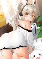 Rule 34 | 1girl, :3, :o, absurdres, all fours, ass, ayanami (azur lane), ayanami (niconico) (azur lane), azur lane, bandaid, bandaid on face, bare shoulders, barefoot, bed, bed sheet, window blinds, blonde hair, blurry, blurry foreground, blush, blush stickers, commentary request, depth of field, dutch angle, feet out of frame, hair between eyes, headgear, highres, leaf, long hair, long shirt, looking at viewer, looking back, loose clothes, loose shirt, manjuu (azur lane), niconico, nightstand, o o, off-shoulder shirt, off shoulder, onabe no shime, open mouth, orange eyes, ponytail, shirt, solo, thighs, white shirt