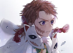 Rule 34 | 1boy, brown hair, commentary request, crying, crying with eyes open, fang, green shirt, highres, iyo (nanaka-0521), jacket, kimetsu no yaiba, long sleeves, looking to the side, male focus, mask, multicolored clothes, multicolored shirt, open clothes, open jacket, purple eyes, sabito (kimetsu), scar, scar on face, shirt, short hair, simple background, solo, tassel, tears, teeth, v-shaped eyebrows, white background, white jacket, wide sleeves, yellow shirt