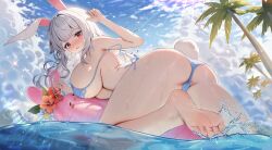 Rule 34 | 1girl, animal ears, arm up, arme (cgsy7484), ass, bare arms, bare shoulders, barefoot, bikini, blue bikini, blush, breasts, cloud, commission, day, embarrassed, feet, flower, from behind, hibiscus, highres, innertube, large breasts, long hair, looking at viewer, looking back, lying, nose blush, on stomach, open mouth, original, outdoors, palm tree, rabbit ears, rabbit tail, red eyes, side-tie bikini bottom, sideboob, soles, solo, string bikini, sunlight, swim ring, swimsuit, tail, thighs, toes, tree, untied bikini, wardrobe malfunction, water, wet, white hair