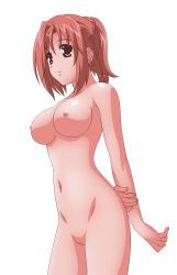 Rule 34 | 00s, 1girl, arms behind back, artist request, braid, breasts, brown eyes, brown hair, collarbone, hair ribbon, happiness!, highres, holding another&#039;s wrist, kamisaka haruhi, large breasts, long hair, navel, nipples, nude, nude filter, ponytail, pussy, ribbon, smile, solo, standing, thighs, third-party edit, uncensored, white background