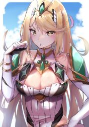 Rule 34 | 1girl, bare shoulders, blonde hair, blush, breasts, chest jewel, cleavage, commentary, dress, elbow gloves, gloves, headpiece, jewelry, large breasts, long hair, looking at viewer, mythra (xenoblade), open mouth, racket ti1, solo, swept bangs, symbol-only commentary, tiara, very long hair, xenoblade chronicles (series), xenoblade chronicles 2, yellow eyes