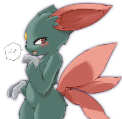Rule 34 | 1girl, animal hands, animal nose, aqua fur, blush, body fur, chest jewel, chipar, claws, cowboy shot, creatures (company), fang, female focus, flat chest, forehead jewel, from side, furry, furry female, game freak, gen 2 pokemon, groin, hand up, looking at viewer, multiple tails, nintendo, one eye closed, open mouth, pokemon, pokemon (creature), red eyes, sneasel, solo, spoken expression, standing, tail, thick thighs, thighs, thought bubble, tongue, wide hips, wink, yellow gemstone