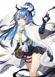 Rule 34 | 1girl, arknights, black gloves, black skirt, blue eyes, blue hair, blush, breasts, coat, cup, dragon horns, elbow gloves, feet out of frame, gloves, gourd, gradient hair, highres, holding, holding cup, horns, ink, large breasts, leaning forward, ling (arknights), long hair, long sleeves, looking at viewer, mayf42, miniskirt, multicolored hair, necktie, open clothes, open coat, parted lips, pointy ears, red hair, revision, shirt, simple background, skirt, smile, solo, standing, thighs, very long hair, white background, white coat, white shirt, wide sleeves, yellow necktie