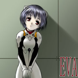 Rule 34 | 1girl, against wall, ayanami rei, blue hair, bodysuit, bracer, breasts, closed mouth, copyright name, cowboy shot, expressionless, gloves, head tilt, headgear, indoors, interface headset, looking at viewer, neon genesis evangelion, own hands together, pale skin, pilot suit, plugsuit, red eyes, shadow, short hair, skinny, skull mania, small breasts, solo, standing, turtleneck, v arms