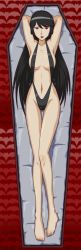 Rule 34 | armpits, arms up, bikini, black hair, coffin, fangs, from above, goriate, highres, kaibutsu oujo, kamura reiri, long hair, long image, lying, midriff, navel, on back, red eyes, slingshot swimsuit, swimsuit, tall image, thigh gap, thighs, vampire