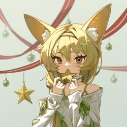 Rule 34 | 1girl, animal ear fluff, animal ears, arknights, bare shoulders, bauble, beanstalk (arknights), beanstalk (gift uncompleted) (arknights), blush, braid, brown eyes, christmas ornaments, collarbone, green hair, green hairband, green ribbon, grey background, hair ornament, hairband, hairclip, highres, holding, large ears, long hair, long sleeves, looking at viewer, neck garter, off-shoulder sweater, off shoulder, official alternate costume, red ribbon, ribbon, single braid, smile, solo, star (symbol), sweater, upper body, white sweater, zidu (9478296)