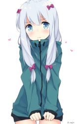 Rule 34 | 10s, 1girl, blue eyes, blush, bow, closed mouth, commentary request, eromanga sensei, gluteal fold, hair bow, heart, highres, izumi sagiri, jacket, long hair, looking at viewer, mimura zaja, pink bow, ribbon, silver hair, simple background, solo, twitter username, upper body, white background