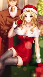 Rule 34 | 1boy, 1girl, blonde hair, breasts, christmas, christmas tree, cleavage, closed mouth, collarbone, doukyuusei 2, doukyuusei another world, dress, fur-trimmed dress, fur-trimmed gloves, fur-trimmed headwear, fur trim, game cg, gloves, grey thighhighs, hair intakes, hand in own hair, hat, jewelry, large breasts, lens flare, long hair, maijima karen, necklace, off-shoulder dress, off shoulder, official art, panties, pink panties, red dress, red eyes, red gloves, red headwear, santa costume, santa hat, shiny clothes, shiny legwear, short dress, smile, sparkle, thighhighs, underwear, zettai ryouiki