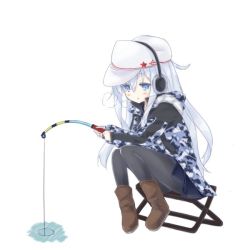 Rule 34 | 1girl, ameha, bad id, bad twitter id, black pantyhose, black skirt, blue eyes, blush, boots, breath, brown footwear, camouflage, commentary request, earmuffs, fishing, fishing line, fishing rod, hammer and sickle, hat, hibiki (kancolle), ice, jacket, kantai collection, long hair, pantyhose, silver hair, simple background, sitting, skirt, solo, stool, verniy (kancolle), white background, white hat