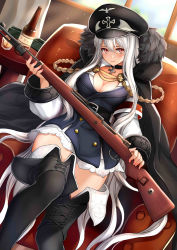 Rule 34 | 1girl, absurdres, aiguillette, belt, black footwear, black hat, black skirt, blush, bolt action, boots, bottle, breasts, buckle, buttons, choker, cleavage, cross, cross choker, cup, double-breasted, dutch angle, fur trim, girls&#039; frontline, gun, gyakushuu no hoshiumi, hair between eyes, hat, highres, holding, holding gun, holding weapon, indoors, iron cross, jacket, jacket on shoulders, kar98k (girls&#039; frontline), knee up, large breasts, long hair, looking at viewer, mauser 98, medium breasts, military, military uniform, oversized clothes, peaked cap, red eyes, rifle, sitting, skirt, smile, solo, thigh boots, thighhighs, uniform, very long hair, weapon, white hair
