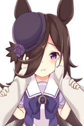 Rule 34 | 1girl, absurdres, animal ears, black headwear, blouse, blue neckwear, blush, brown hair, closed mouth, commentary request, flower, hair over one eye, hand on another&#039;s cheek, hand on another&#039;s face, hat, hat flower, highres, horse ears, horse girl, kafi (cafee kuu), long hair, long sleeves, looking at viewer, multicolored shirt, neck ribbon, pout, pov, purple eyes, purple shirt, ribbon, rice shower (umamusume), sailor collar, school uniform, serafuku, shirt, short sleeves, sidelocks, solo focus, swept bangs, tareme, textless version, umamusume, white sailor collar, white shirt