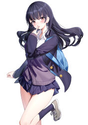 Rule 34 | 1girl, backpack, bag, black hair, black jacket, black skirt, black socks, blazer, blush, boku no kokoro no yabai yatsu, brown cardigan, brown eyes, cardigan, collared shirt, commentary request, dress shirt, floating hair, grey footwear, hand to own mouth, hand up, highres, jacket, long hair, long sleeves, looking at viewer, open clothes, open jacket, parted lips, pleated skirt, ririko (zhuoyandesailaer), shirt, shoes, skirt, sleeves past wrists, socks, solo, standing, standing on one leg, tongue, tongue out, very long hair, white shirt, yamada anna