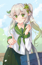 Rule 34 | 1girl, absurdres, alternate costume, bag, blue sky, closed mouth, cloud, commentary request, day, genshin impact, gradient hair, green eyes, green hair, green neckerchief, green sailor collar, green skirt, grey hair, hair between eyes, hair ornament, highres, holmemee, long sleeves, looking at viewer, multicolored hair, nahida (genshin impact), neckerchief, outdoors, pleated skirt, pointy ears, sailor collar, school bag, school uniform, serafuku, shirt, side ponytail, skirt, sky, smile, solo, white shirt