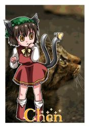 Rule 34 | 1girl, 4c (artist), animal ears, bad id, bad pixiv id, bug, butterfly, cat, cat ears, cat tail, chen, china dress, chinese clothes, dress, earrings, female focus, hat, bug, jewelry, mito ayame, short hair, solo, tail, touhou