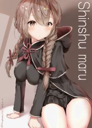 Rule 34 | 1girl, :o, absurdres, belt, black skirt, blush, braid, breasts, brown belt, brown eyes, brown hair, capelet, character name, dated, hair ribbon, hanging breasts, highres, hood, hood down, hooded capelet, kantai collection, long hair, long sleeves, medium breasts, open mouth, red ribbon, ribbon, shanghmely, shinshuu maru (kancolle), simple background, skirt, solo, twin braids, twitter username