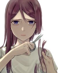 Rule 34 | 1girl, brown hair, closed mouth, cutting hair, cutting own hair, furrowed brow, hair between eyes, highres, holding, holding own hair, holding scissors, long hair, looking at viewer, original, purple eyes, scissors, severed hair, shirt, short sleeves, signature, solo, suito, upper body, white background, white shirt
