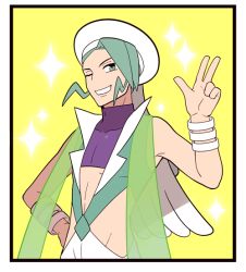 Rule 34 | 1boy, aqua vest, bangle, bracelet, capelet, commentary request, creatures (company), crop top, game freak, green eyes, green hair, grin, hand up, hat, jaho, jewelry, male focus, nintendo, one eye closed, pants, pokemon, pokemon oras, purple shirt, shirt, short hair, skin tight, sleeveless, sleeveless shirt, smile, solo, sparkle, w, wallace (pokemon), white capelet, white hat, white pants