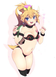 Rule 34 | 1girl, armlet, bare shoulders, bikini, black bikini, black thighhighs, blonde hair, blue eyes, blush, bowsette, bracelet, breasts, claw pose, cleavage, collar, collarbone, cowboy shot, cropped legs, crown, earrings, fingernails, highres, horns, jewelry, kazumi yoshiyuki, lizard tail, long hair, mario (series), navel, new super mario bros. u deluxe, nintendo, open mouth, pointy ears, ponytail, sharp teeth, simple background, small breasts, smile, spiked armlet, spiked bracelet, spiked collar, spikes, standing, strapless, strapless bikini, super crown, swimsuit, tail, teeth, thighhighs, tsurime, v-shaped eyebrows, w arms