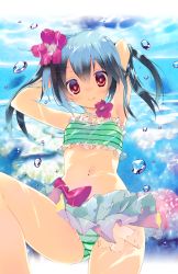 Rule 34 | 10s, 1girl, arikawa satoru, arms up, bikini, black hair, blush, bubble, flower, hair flower, hair ornament, hibiscus, jewelry, long hair, looking at viewer, love live!, love live! school idol project, md5 mismatch, natsuiro egao de 1 2 jump!, navel, necklace, red eyes, resolution mismatch, smile, solo, source smaller, striped bikini, striped clothes, submerged, swimsuit, twintails, underwater, water, yazawa nico