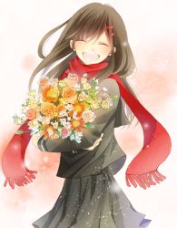 Rule 34 | 1girl, :d, bad id, bad pixiv id, black hair, bouquet, closed eyes, flower, fringe trim, giniro (093119), hair ornament, hairclip, highres, kagerou project, long hair, open mouth, red scarf, scarf, school uniform, smile, solo, tateyama ayano