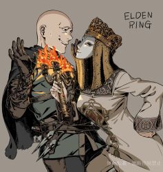 Rule 34 | 1boy, 1girl, bald, black capelet, brown eyes, candelabra, candlestand, capelet, crown, dress, elden ring, gloves, hand on own hip, hands up, highres, holding, holding weapon, kamezaemon, knife, lady tanith (elden ring), leather, leather gloves, mask, patches (from software), pointing weapon, scared, simple background, throwing knife, weapon, whip, white dress