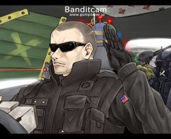 Rule 34 | 3boys, alexandr senaviev, american flag, brand name imitation, camouflage, commentary request, driving, glasses, gloves, goggles, gun, hand up, helmet, jack estrada, laser, laser pointer projection, laser sight, machine gun, male focus, mark chandar, mask, meme, mouth mask, multiple boys, rainbow six, rainbow six siege, ryuuichi (f dragon), shaved head, sunglasses, syamu game, tactical clothes, tank (container), vehicle interior, weapon