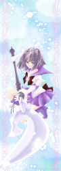 Rule 34 | 1girl, absurdres, bishoujo senshi sailor moon, black hair, blue background, boots, bow, brooch, brown bow, elbow gloves, expressionless, gloves, highres, holding, holding polearm, holding spear, holding weapon, jewelry, knee boots, kneeling, magical girl, on one knee, pleated skirt, polearm, purple eyes, purple footwear, purple skirt, sailor collar, sailor saturn, short hair, silence glaive, skirt, solo, spear, star brooch, suzuran (convallatoxin02), tiara, tomoe hotaru, weapon, white gloves