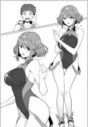 Rule 34 | 1boy, 1girl, black one-piece swimsuit, breasts, competition swimsuit, greyscale, halcon, headpiece, large breasts, monochrome, nintendo, one-piece swimsuit, pyra (pro swimmer) (xenoblade), pyra (xenoblade), rex (xenoblade), short hair, swept bangs, swimsuit, xenoblade chronicles (series), xenoblade chronicles 2
