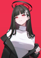 1girl black_hair blue_archive blunt_bangs blush breasts grin hair_ornament hairclip halo highres jacket large_breasts long_hair looking_at_viewer off_shoulder open_clothes open_jacket red_background red_eyes ringed_eyes rio_(blue_archive) simple_background sleepy_cn smile solo sweater turtleneck white_sweater