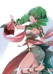 Rule 34 | 1girl, armlet, ass, closed mouth, dancer, dancer (fire emblem: three houses), dress, female focus, fire emblem, fire emblem: three houses, flayn (fire emblem), from side, green eyes, green hair, hair ornament, long hair, looking to the side, matching hair/eyes, misu kasumi, nintendo, revealing clothes, simple background, smile, solo, white background